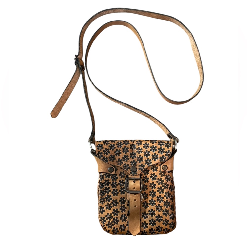 Handmade Leather Boho Hippie Earthy Natural Tan Floral Braided Crossbody Bag